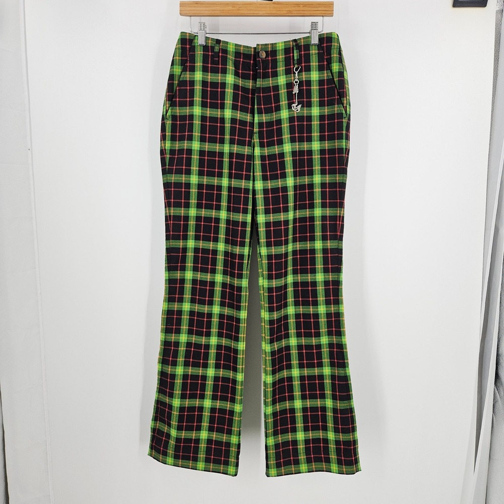 Teddy Fresh Plaid Trouser Pants Green Straight Leg Streetwear y2k Goth Size 28 - Picture 2 of 9
